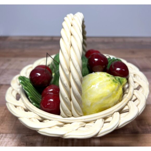 Vintage Italian Ceramic Fruit Basket With Lemons Apples Cherries & Woven Handle - Picture 3 of 5